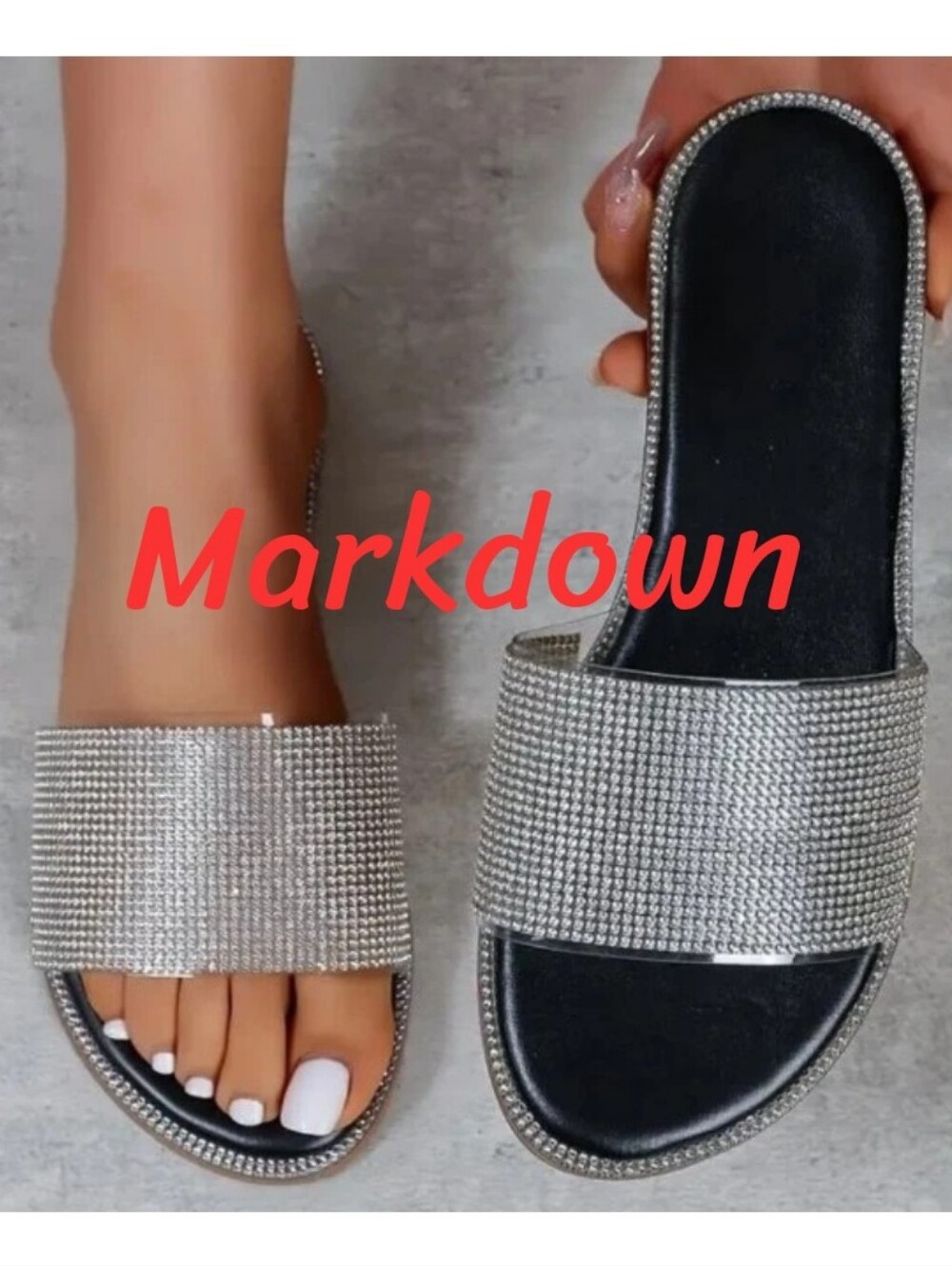 Women's US Size 10 Casual Flat Sandals Flip Flops Rhinestone Silver Black New